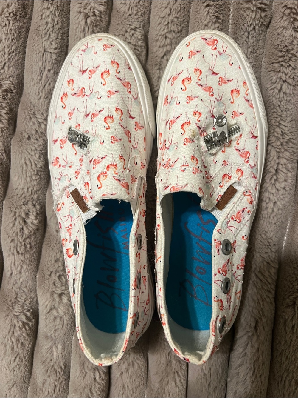Blowfish White Slip-Ons with Pink Flamingo Print and Blue Insole